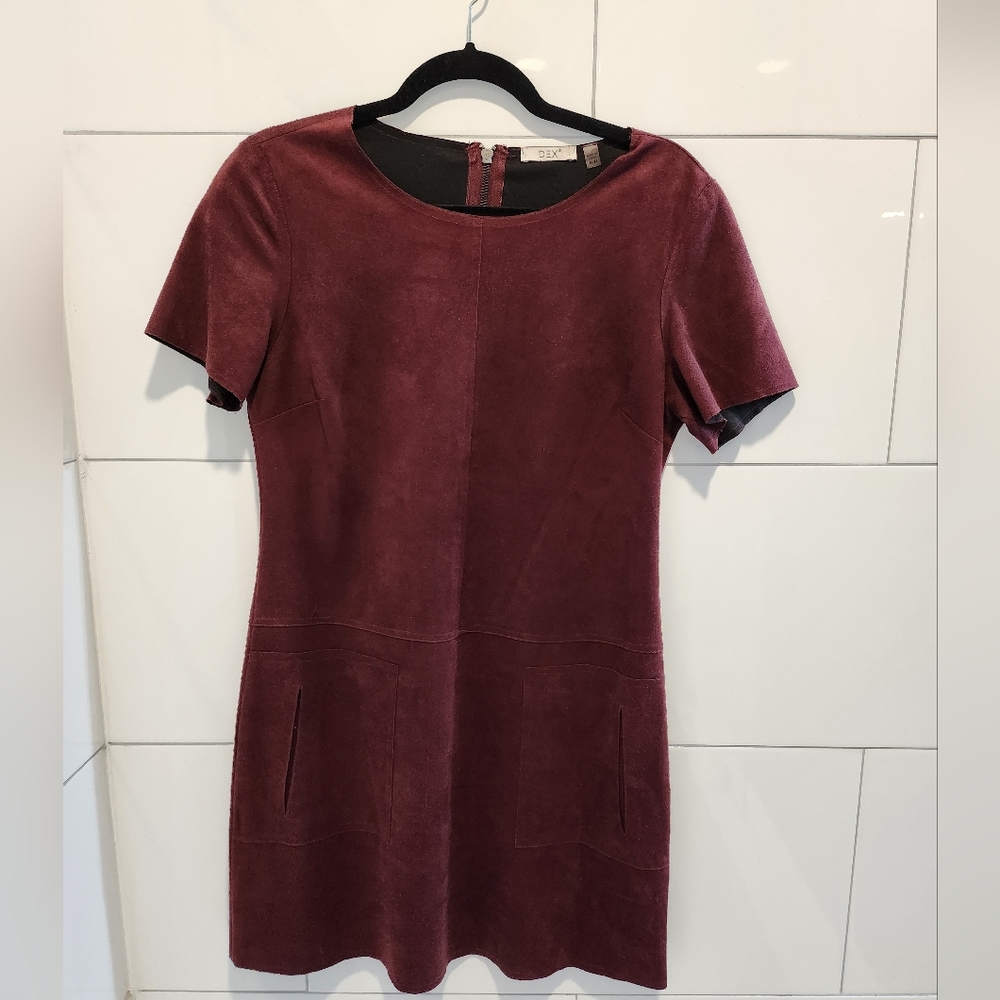 DEX Faux Suede Short Sleeve Pocket Mini Sheath Dress